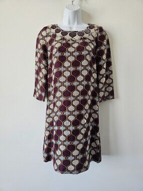 TORY BURCH Multi Color Silk Printed Beaded Neckline 3/4 Sleeve Shift Dress 2